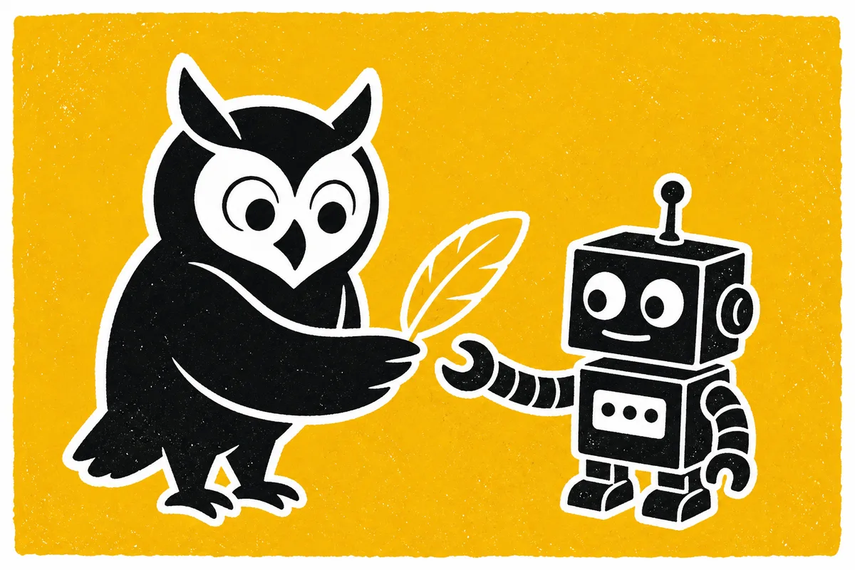 An owl hands a yellow feather to a small robot.
